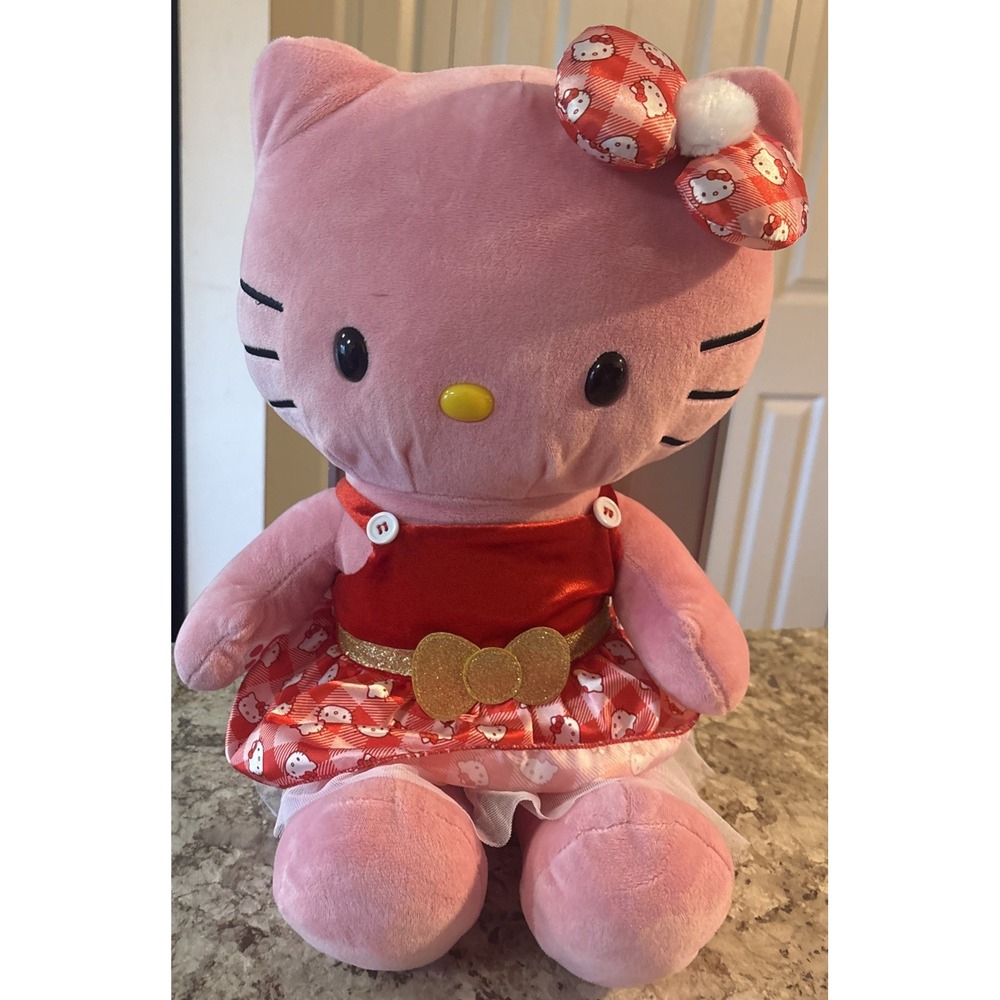 Hello Kitty Build A Bear Holly Jolly With Pink & Red Gingham Dress Bow 18"‎ GUC